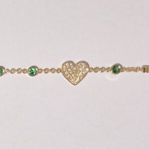 Pulseira de Ouro com Coração em filigrana Zircónicas Verdes